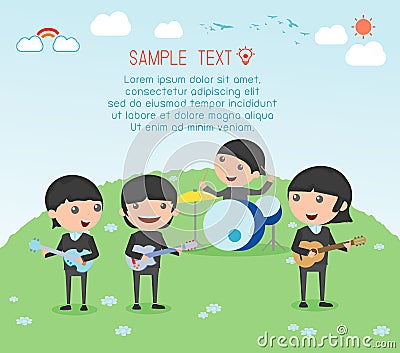 Kids and music, vector illustration of four girl in a music band, Children playing Musical Instruments,illustration of Kids Vector Illustration