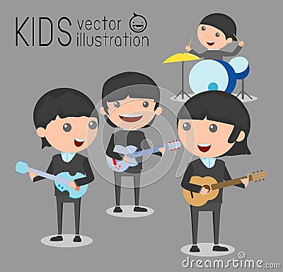 Kids and music, vector illustration of four kids in a music band, Children playing Musical Instruments Vector Illustration