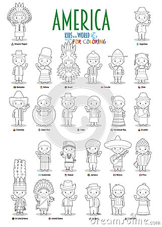 Kids and nationalities of the world vector: America. Set of 25 characters for coloring dressed in different national costumes Vector Illustration