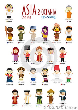 Kids and nationalities of the world vector: Asia and Oceania Set 2 of 2. Vector Illustration