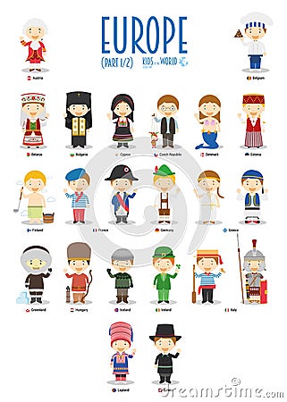 Kids and nationalities of the world vector: Europe Set 1 of 2. Vector Illustration