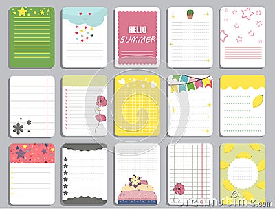Kids notebook page template vector cards, notes, stickers, labels, tags paper sheet illustration. Vector Illustration