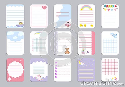 Kids notebook page template vector cards, notes, stickers, labels, tags paper sheet illustration. Vector Illustration