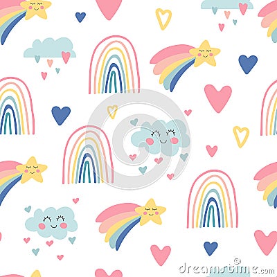 Kids nursery. Cute hand drawn seamless pattern with rainbows, smiling clouds and stars. Doodle design for wallpaper Vector Illustration