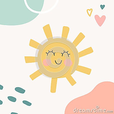 Kids nursery decoration with funny sun. Organic shapes cover design in pastel colors. Hand drawn unique doodle objects Vector Illustration