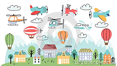 Kids nursery poster with airplanes, air balloons and clouds. Children wallpaper with houses, mountains and flying planes Vector Illustration