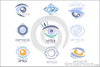 Kids Optics Clinic And Ophthalmology Cabinet Set Of Label Templates In Different Creative Styles And Light Blue Shades Vector Illustration