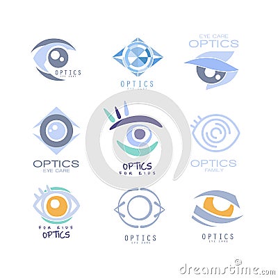 Kids Optics Clinic And Ophthalmology Cabinet Set Of Label Templates In Different Creative Styles And Light Blue Shades Vector Illustration