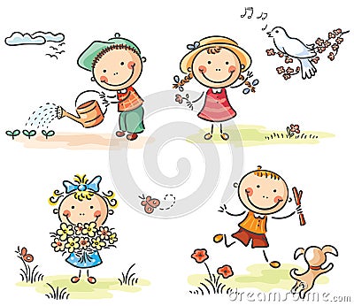 Kids outdoors in spring Vector Illustration