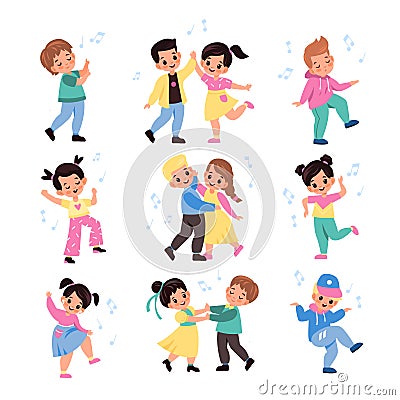 Kids pair dancing. Funny young dancers collection, little musical couples, friends beat moving, cute boy and girl listen Vector Illustration