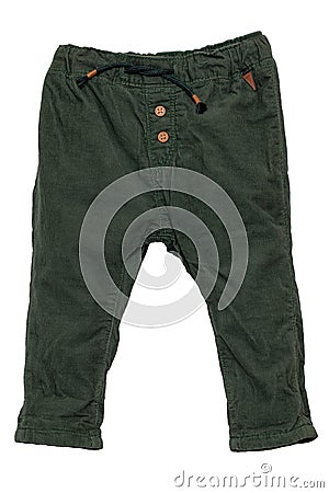 Kids pants isolated. Close-up of a stylish fashionable dark green corduroy trousers with ribbon bow for the little boy. Childrens Stock Photo