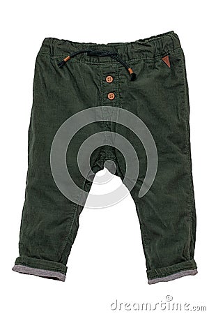 Kids pants isolated. Close-up of a stylish fashionable dark green corduroy trousers with ribbon bow for the little boy. Childrens Stock Photo