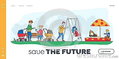 Kids and Parents Characters on Outdoor Playground Landing Page Template. Children Ride on Swing, Playing in Sandbox Vector Illustration