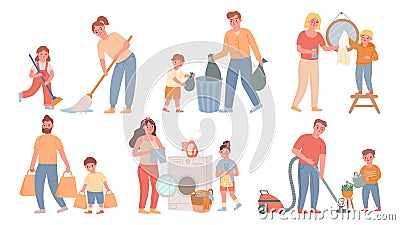 Kids and parents cleaning. Children helps adults with housework, sweeping, do laundry, throw out garbage. Cartoon family chores Vector Illustration