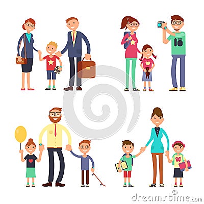 Kids and parents in happy family. Mom, dad and children vector flat characters set Cartoon Illustration