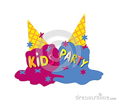 Kids party badge with melted ice-cream cone design Vector Illustration