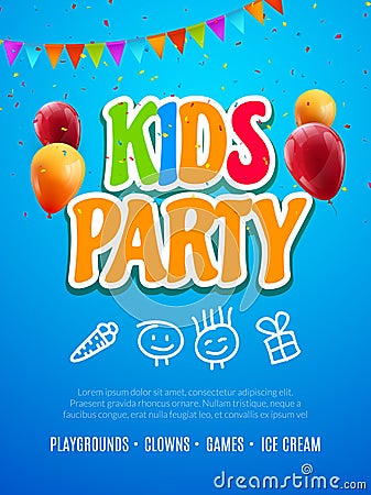 Kids party invitation design template. Child celebrating fun flyer poster banner decoration for kids Vector Illustration