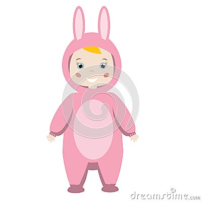 Kids Party Outfit. Cute smiling girl in Animal Carnival Costume. Pink bunny, rabbit, hare Vector Illustration