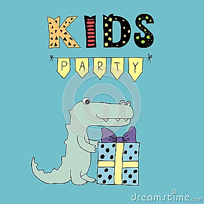 Kids Party vector lettering, party illustration with garlands and crocodile Vector Illustration