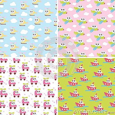 Kids patterns set with cute car, airplane, helicopter, ship. Flat texture collection. Perfect for baby fabric, wallpaper. Vector Illustration