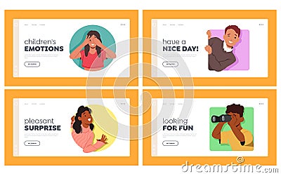 Kids Peeking Out Of Frames Landing Page Template Set. Children Look from the Colorful Holes, Children Face Avatars Vector Illustration