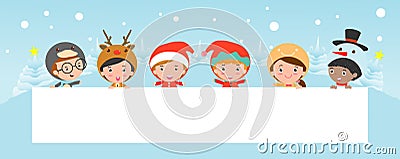 Kids peeping behind placard, children and greeting Christmas and New Year card, boy and girl in Christmas costume characters Vector Illustration