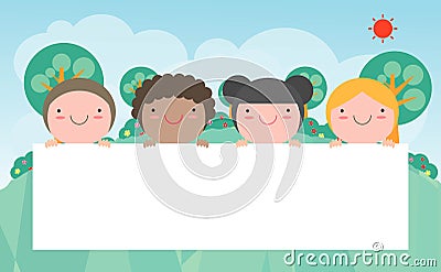 Kids peeping behind placard, Cute little children on background,Vector Illustration. Vector Illustration