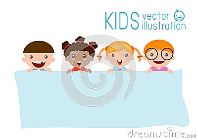 Kids peeping behind placard, happy children, Cute little kids on background Vector Illustration