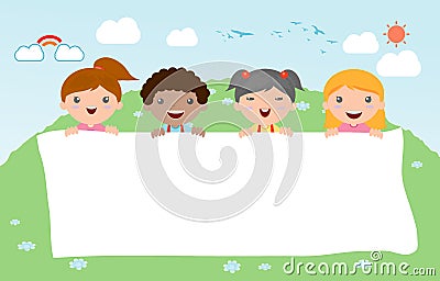 Kids peeping behind placard, happy children, Cute little kids on white background,Vector Vector Illustration