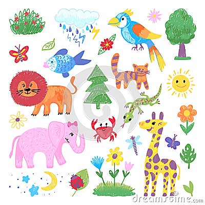 Kids pencil drawing. Child crayons design, children drawings color animals. Art giraffe, lion and elephant. Baby zoo Vector Illustration