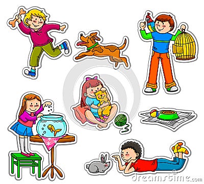 Kids and pets Vector Illustration