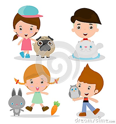 Kids and Pets, children beside Their Pets Kids and Pets, Kids with their Pets, Vector illustration. Isolated Vector Illustration