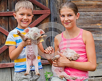 Kids with piglet Stock Photo