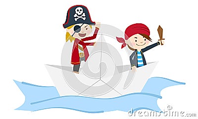 Kids pirate paper ship sailing in the sea scull and cross bones Vector Illustration