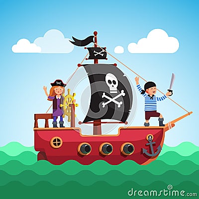 Kids pirate ship sailing in the sea with flag Vector Illustration