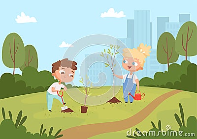 Kids planting background. Natural eco outdoor childrens weather protect environment gardening education vector Vector Illustration