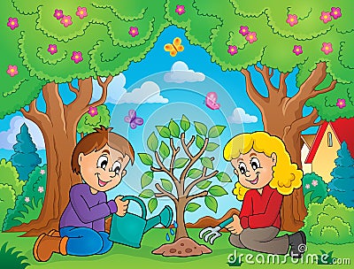 Kids planting tree theme image 2 Vector Illustration