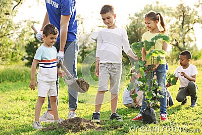 Kids planting tree with volunteer Stock Photo