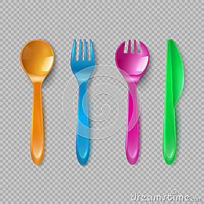 Kids plastic cutlery. Little spoon, fork and knife . Disposable dishware, toy kitchen dining tools vector set Vector Illustration