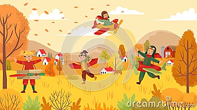 Kids play with airplanes toys in park Vector Illustration