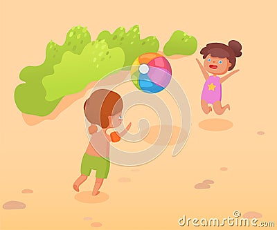 Kids play on beach flat vector color illustration Vector Illustration