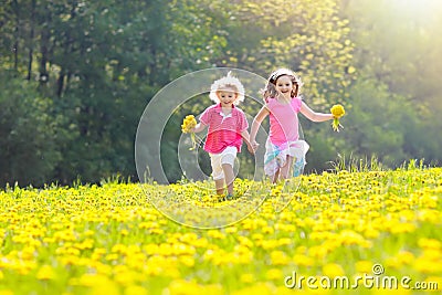 Kids play. Child in dandelion field. Summer flower Stock Photo