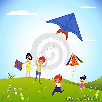 Kids play field with kites concept background, cartoon style Vector Illustration