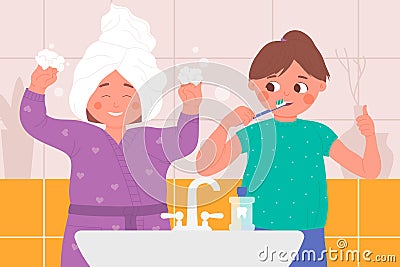 Kids play in home bathroom, children brush teeth, playing together during hygiene routine Vector Illustration