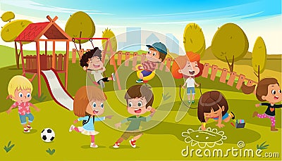 Kids Play Park Playground Vector Illustration. Children Swing Outdoor in Summer School Kindergarten. City Landscape Vector Illustration