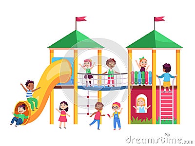 Kids play playground. Children climb on amusement ride, roll down baby slide, outdoor park entertainment for girls and Vector Illustration