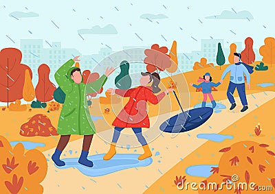 Kids play in rain semi flat vector illustration Vector Illustration