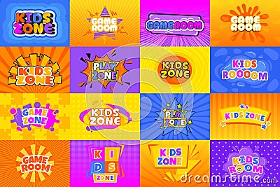 Kids play room banner. Cartoon colorful zone label with child playroom zone concept, childhood education concept. Vector Vector Illustration