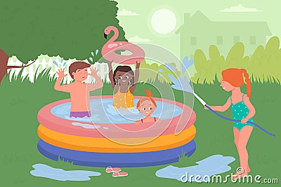 Kids play together in backyard pool, happy children in swimsuits enjoy summer activity Vector Illustration