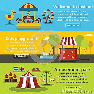 Kids playground banner horizontal set, flat style Vector Illustration